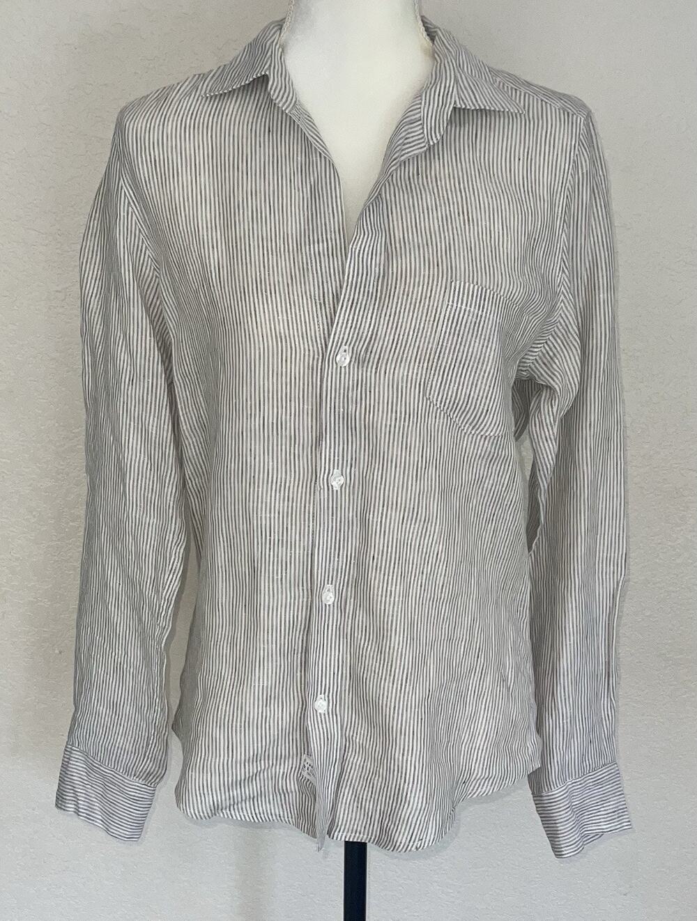 Frank & Eileen Women Small White Tan Striped Long Sleeve Linen Button Down Shirt